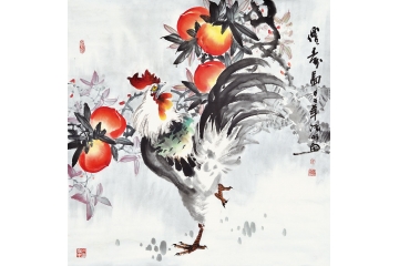 诸明四尺斗方花鸟画桃子雄鸡《仙寿图》