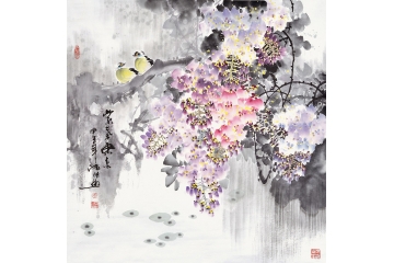 诸明四尺斗方花鸟画双侣紫藤《紫气东来》