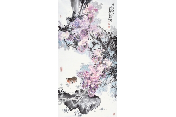 诸明四尺竖幅花鸟画双侣紫藤《紫气东来》