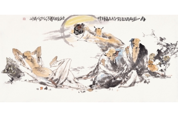 单吉牛四尺横幅人物画作品《醉仙图》