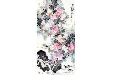 诸明四尺竖幅花鸟画作品紫藤《紫气东来》
