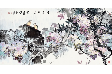 诸明四尺横幅花鸟画双侣紫藤《紫气东来》