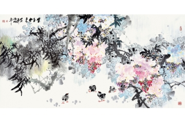 诸明四尺横幅花鸟画作品紫藤小鸡《紫气东来》