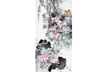 诸明四尺竖幅花鸟画作品紫藤双侣《江南春晓》