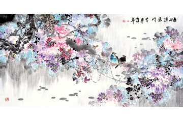 诸明四尺横幅花鸟画紫藤双侣《春雨潇潇时》