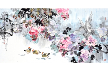 诸明四尺横幅花鸟画作品紫藤《紫玉飘香》