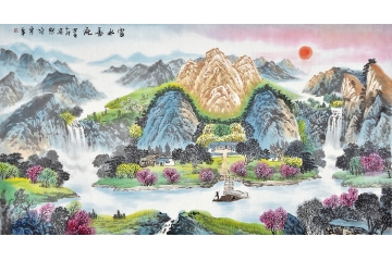 安然六尺横幅写意聚宝盆山水画《富水长流》