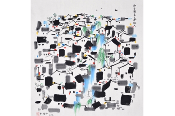 刘体伟四尺斗方山水画作品《燕子飞来寻故人》