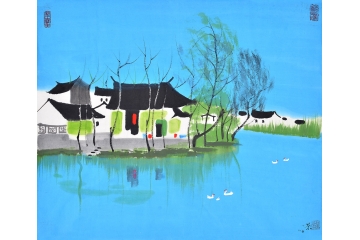 刘体伟四尺斗方山水画作品《山乡小景》