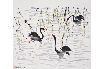 刘体伟四尺斗方山水画作品《山乡小景》