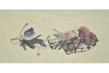 仇谷四尺三开横幅花鸟画《雏鸟》