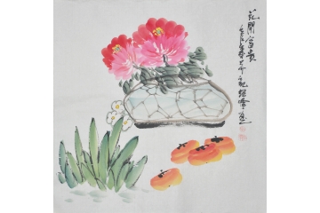 周绍峰三尺斗方花鸟画牡丹图作品《花开富贵》