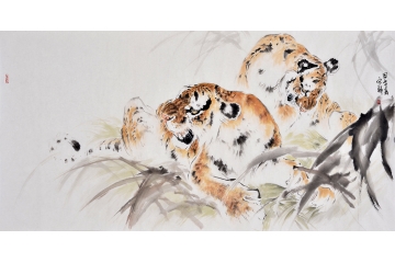 宋朝四尺横幅动物画作品老虎《双雄》