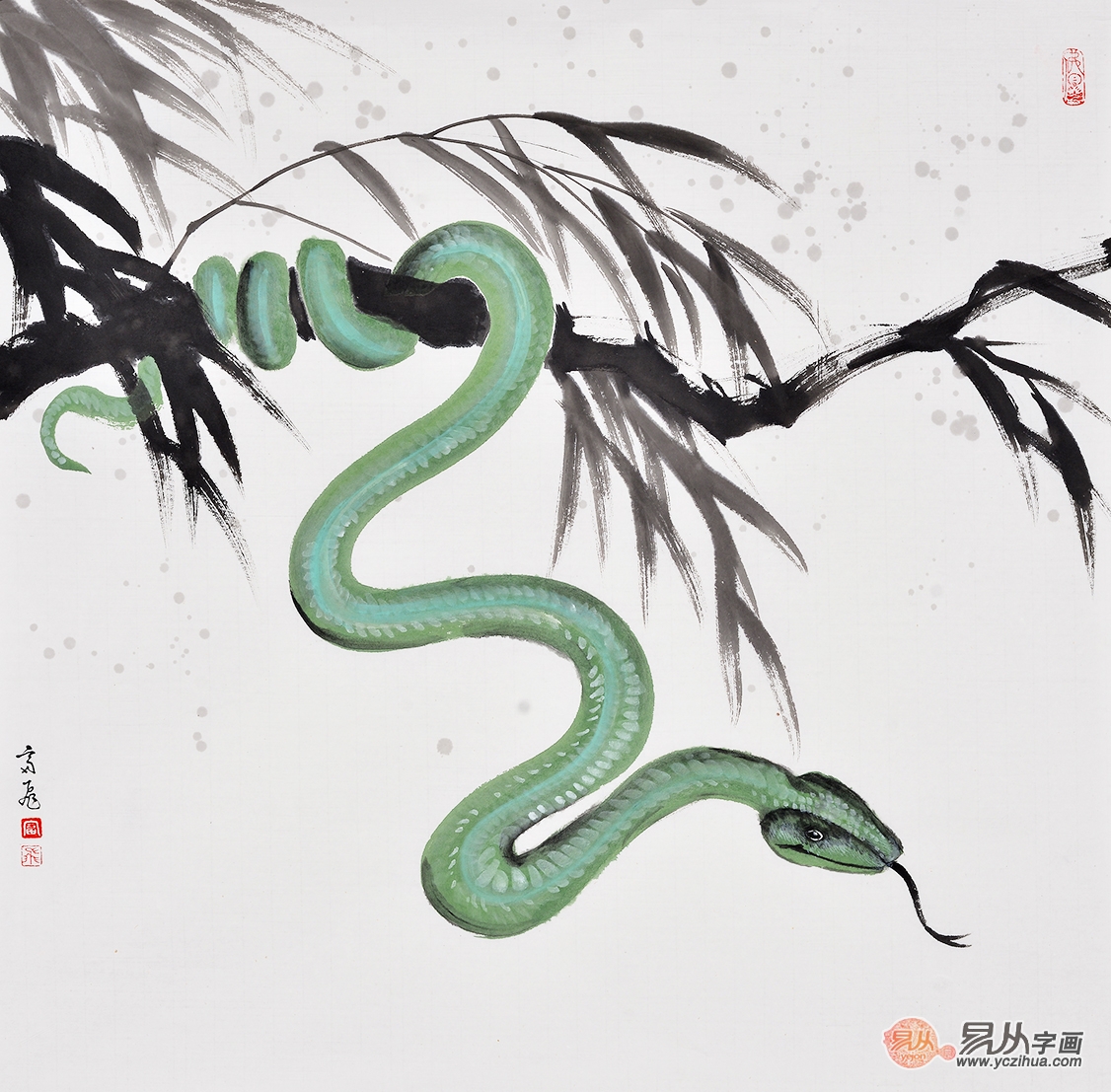 富飞四尺斗方动物画作品十二生肖系列《蛇》