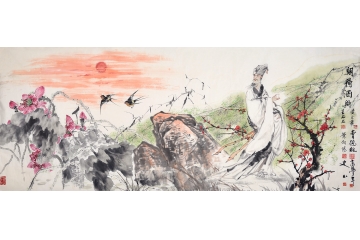 曹德兆八尺横幅花鸟画作品《朝荷酒兴》