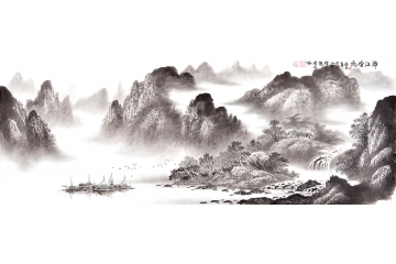 曾耀明六尺横幅山水画作品《漓江烟雨》
