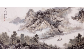 沈兆祥四尺横幅山水画作品《两岸猿声啼不住》
