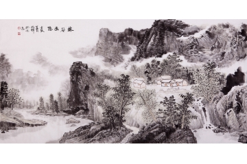 沈兆祥四尺横幅山水画作品《林谷幽隐》