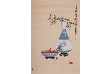 杨怀山四尺三开竖幅花鸟画作品《花瓶艺术》