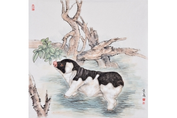 富飞四尺斗方动物画作品十二生肖系列《猪》