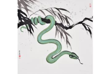 富飞四尺斗方动物画作品十二生肖系列《蛇》
