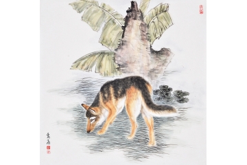 富飞四尺斗方动物画作品十二生肖系列《狗》