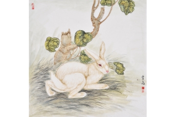 富飞四尺斗方动物画作品十二生肖系列《兔子》