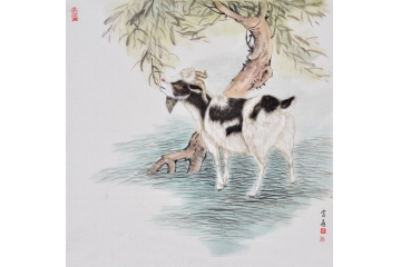 富飞四尺斗方动物画作品十二生肖系列《羊》