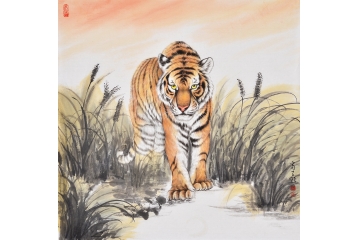 富飞四尺斗方动物画作品十二生肖系列《老虎》