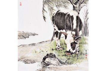 富飞四尺斗方动物画作品十二生肖系列《牛》