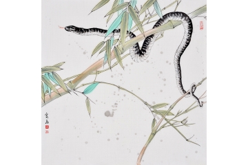 富飞四尺斗方动物画作品十二生肖系列《蛇》