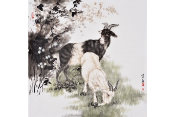 富飞四尺斗方动物画作品十二生肖系列《羊》