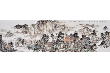 石宾虹八尺对开横幅山水画作品《青山古刹暮鼓》