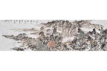 石宾虹八尺对开横幅山水画作品《一虹古桥跨清溪》