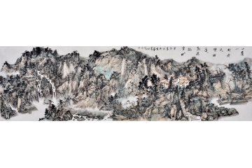 石宾虹八尺对开横幅山水画作品《一落小村倚绝壁》