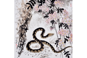 富飞四尺斗方动物画作品十二生肖《蛇》