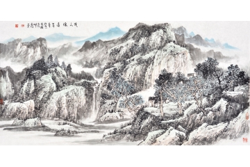 李年付四尺横幅山水画作品《溪山怀远》