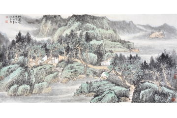 李年付四尺横幅山水画作品《湖山清晓》