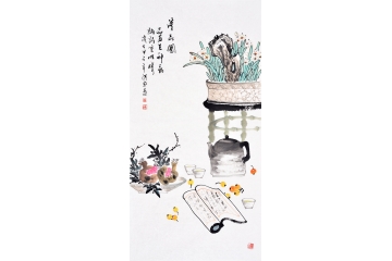 刘合文四尺竖幅花鸟画作品石榴水仙枇杷图《清品图》