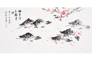 刘合文四尺横幅花鸟画作品《桃花流水鳜鱼肥》之一