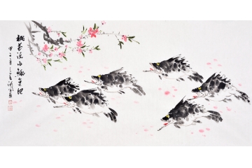刘合文四尺横幅花鸟画作品《桃花流水鳜鱼肥》之二