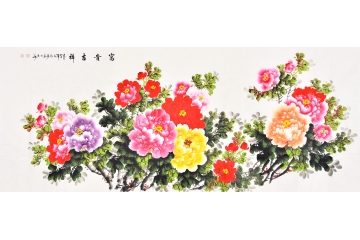刘光霞八尺横幅花鸟画作品国画牡丹图《富贵吉祥》