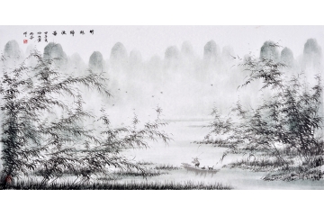 仇谷四尺横幅写意山水画作品《竹林归渔图》