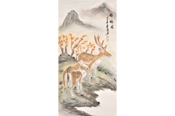 王贵国四尺竖幅动物画双鹿送福《福利图》