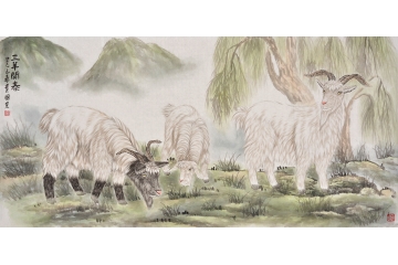 王贵国六尺横幅动物画吉利祥瑞《三羊开泰》