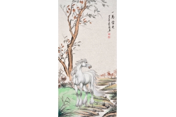王贵国四竖幅动物画白马图《一马当先》
