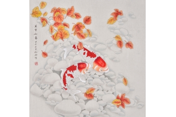 仇谷工笔鲤鱼作品《万事如意》 富贵锦来图 双鱼进财图