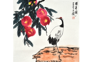 寿桃仙鹤图 张金凤花鸟画作品仙鹤《鹤寿图》
