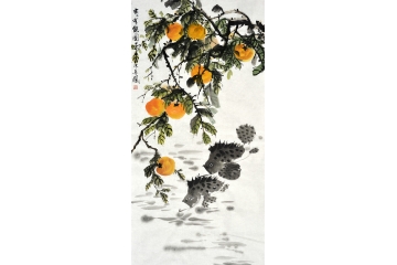 国画家张金凤四尺竖幅花鸟画柿子图《年年有余图》