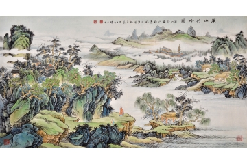 张天成六尺横幅写意客厅山水画《溪山行吟图》